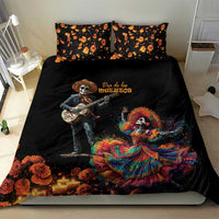 Black Dia de los Muertos bedding set with skeleton guitarist and dancer