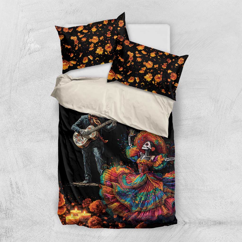 Black Dia de los Muertos bedding set with skeleton dancer and guitarist