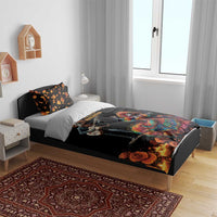 Black bedding set with colorful Dia de los Muertos skull and floral print