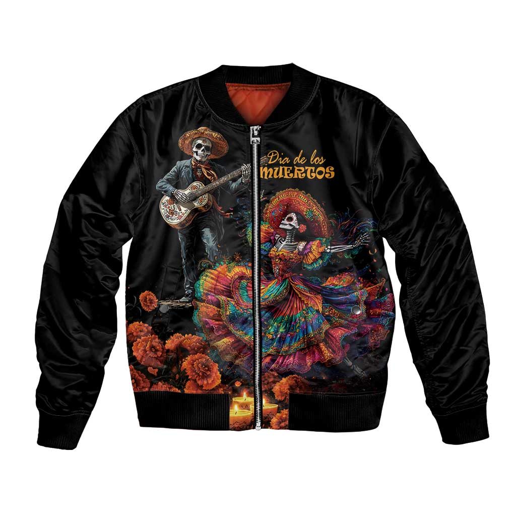 Black bomber jacket with Dia de los Muertos skeleton and floral graphic