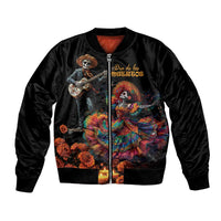 Black bomber jacket with Dia de los Muertos skeleton and floral graphic
