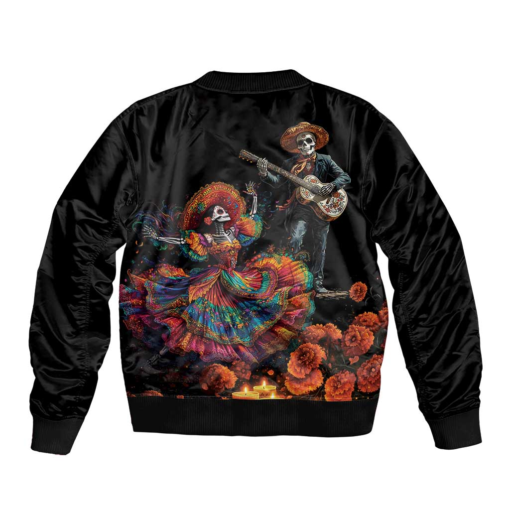 Black bomber jacket with Dia de los Muertos skeleton and dancer graphic