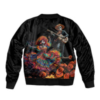 Black bomber jacket with Dia de los Muertos skeleton and dancer graphic