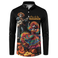 Black button sweatshirt with Dia de los Muertos skeleton musician and dancer print