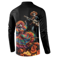 Black button sweatshirt with Day of the Dead skeleton dancer and guitarist print