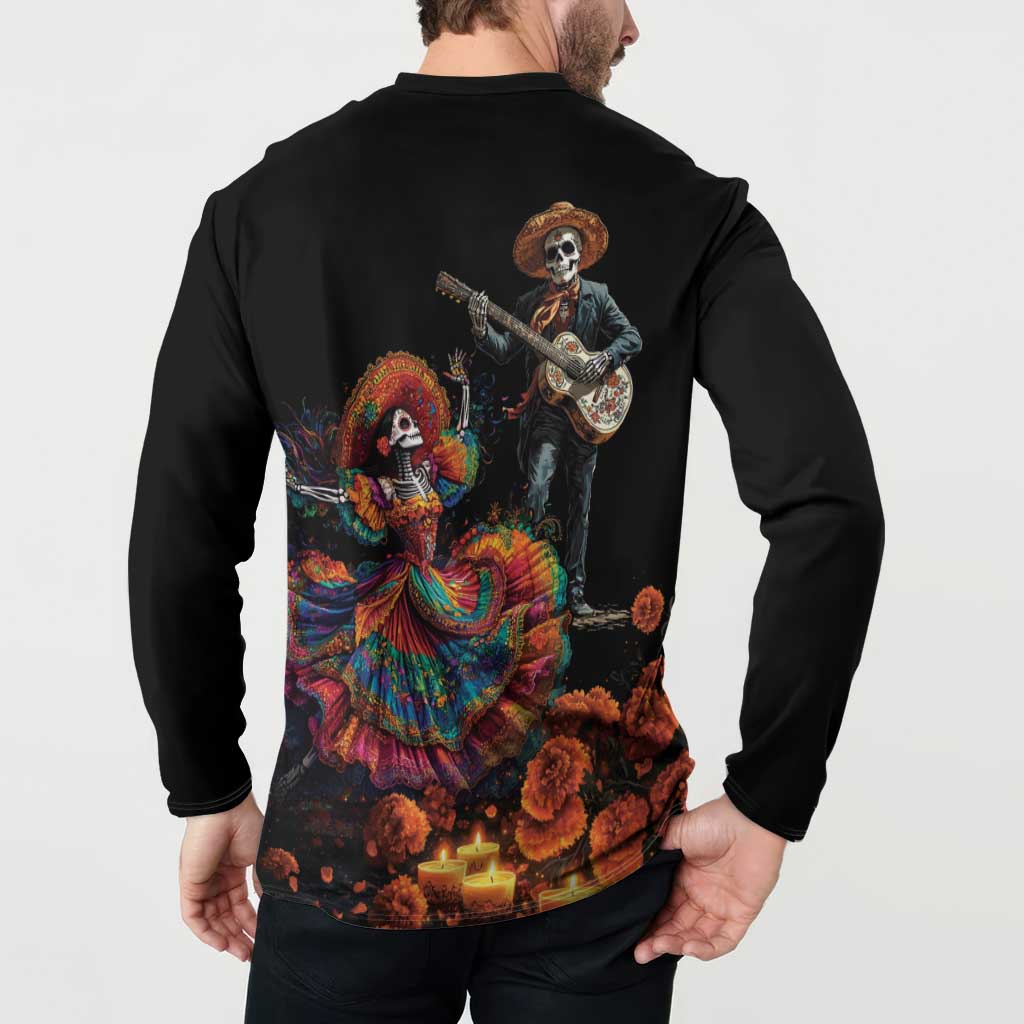 Black button sweatshirt, back graphic with skeleton mariachi, colorful dress and orange flowers