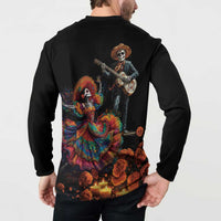 Black button sweatshirt, back graphic with skeleton mariachi, colorful dress and orange flowers