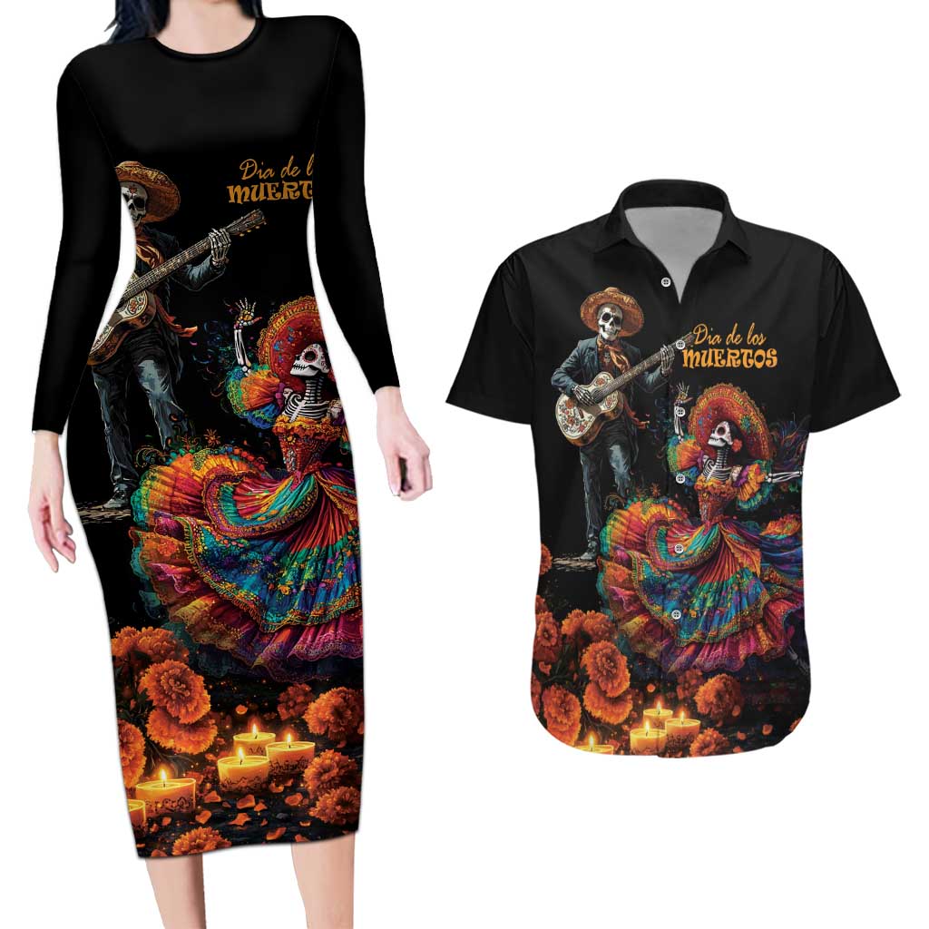 Mexico Dia de los Muertos Couples Matching Long Sleeve Bodycon Dress and Hawaiian Shirt La Calavera Catrina