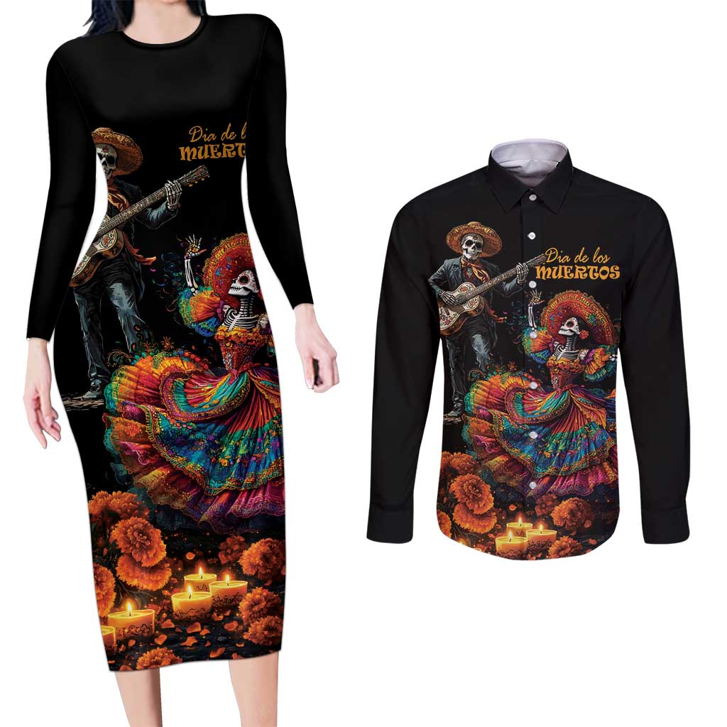 Mexico Dia de los Muertos Couples Matching Long Sleeve Bodycon Dress and Long Sleeve Button Shirt La Calavera Catrina