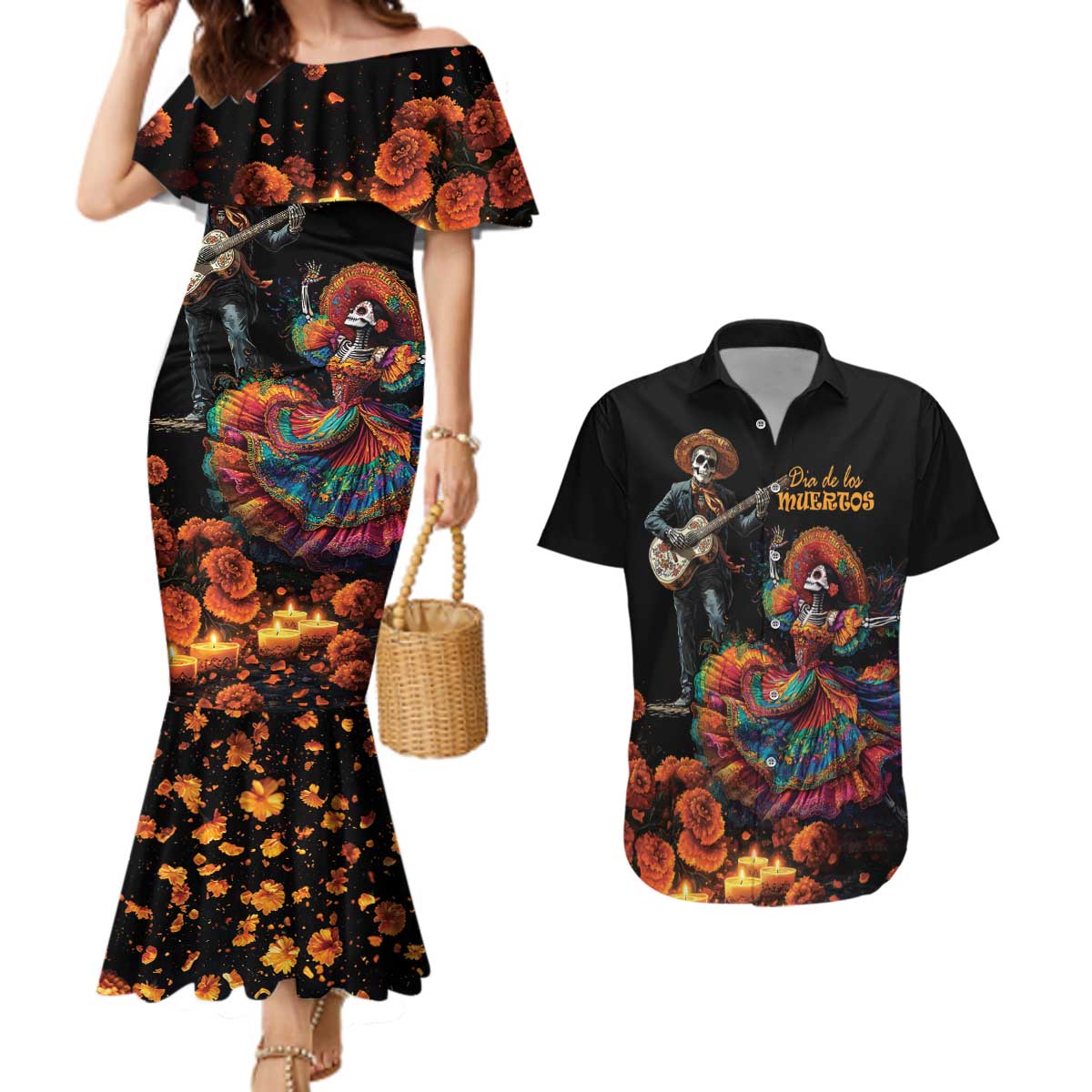 Mexico Dia de los Muertos Couples Matching Mermaid Dress and Hawaiian Shirt La Calavera Catrina