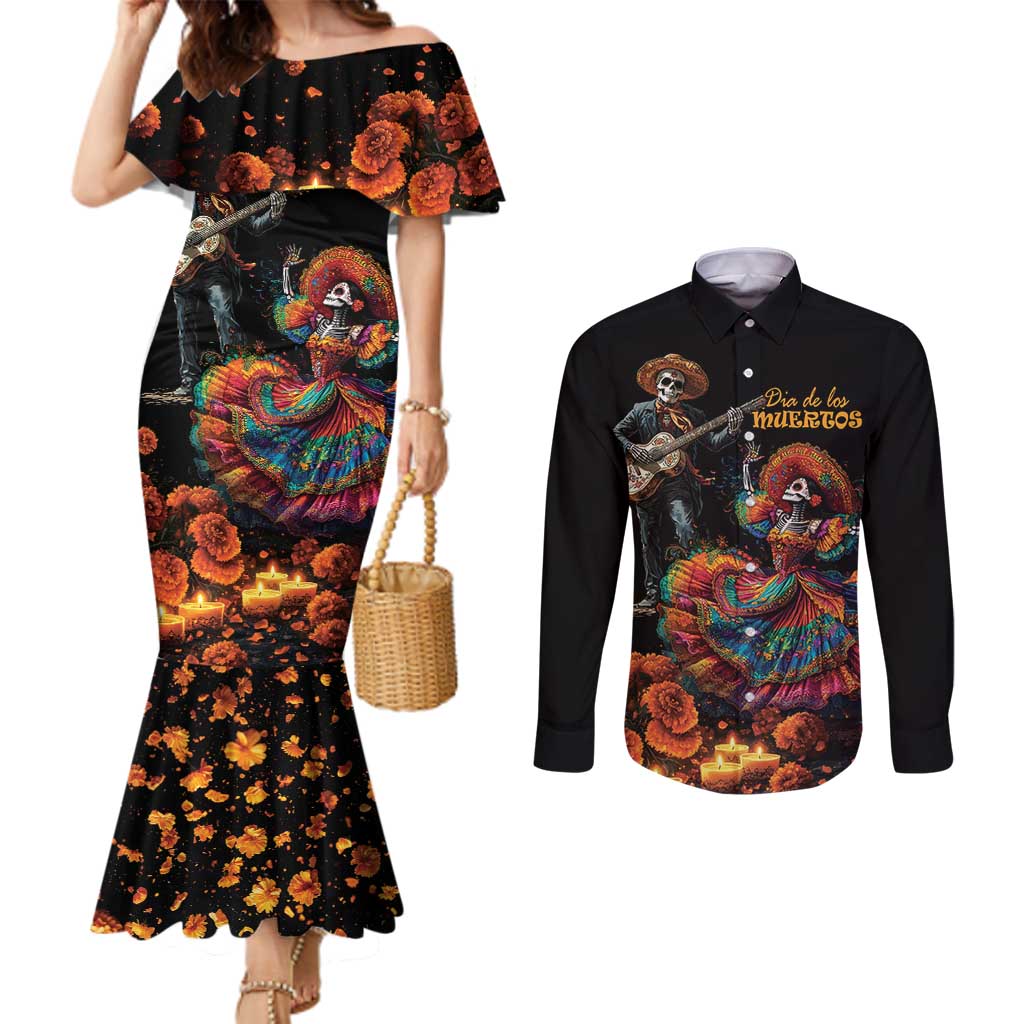 Mexico Dia de los Muertos Couples Matching Mermaid Dress and Long Sleeve Button Shirt La Calavera Catrina