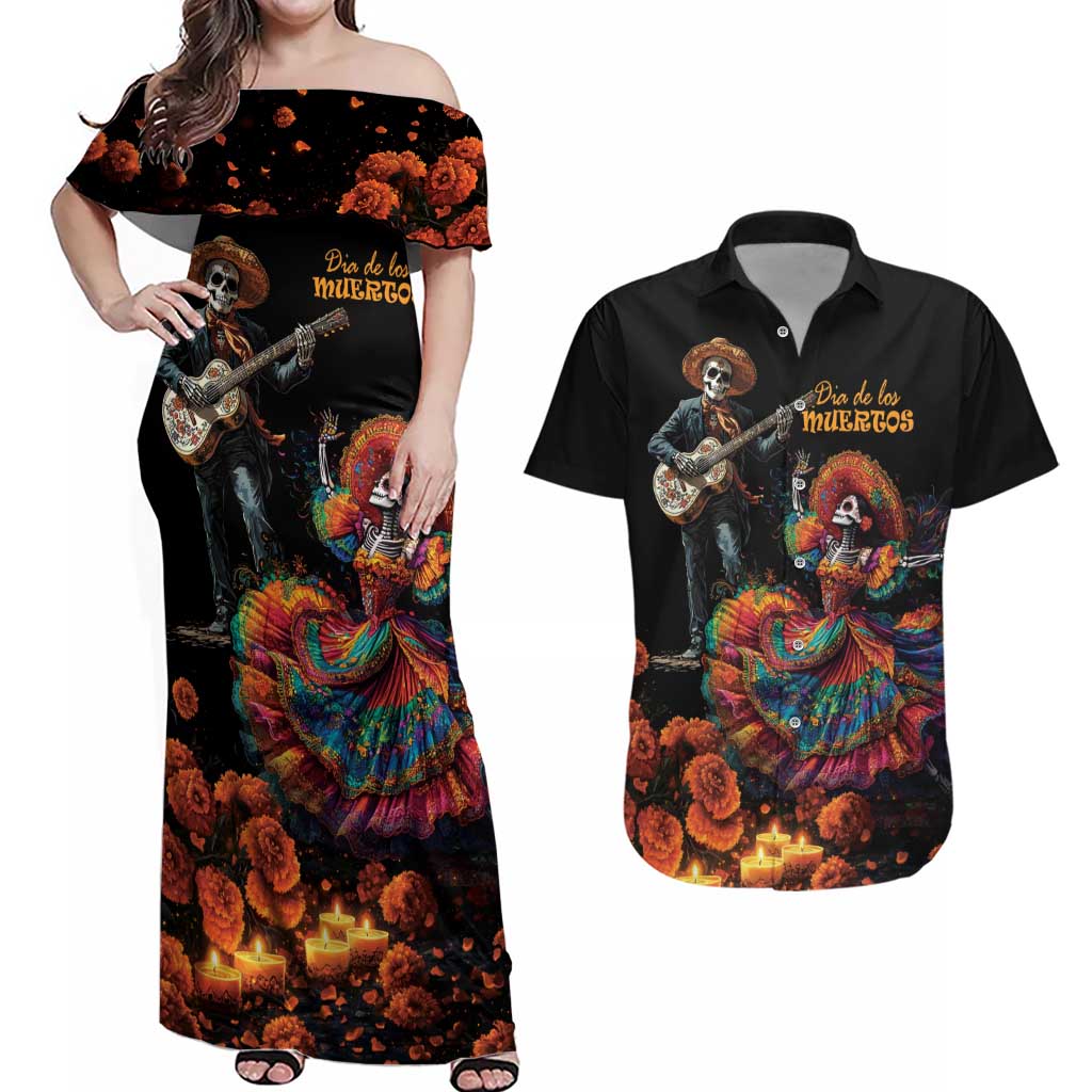 Mexico Dia de los Muertos Couples Matching Off Shoulder Maxi Dress and Hawaiian Shirt La Calavera Catrina