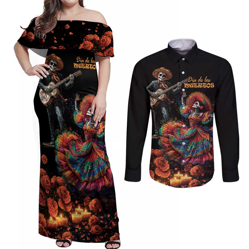 Mexico Dia de los Muertos Couples Matching Off Shoulder Maxi Dress and Long Sleeve Button Shirt La Calavera Catrina