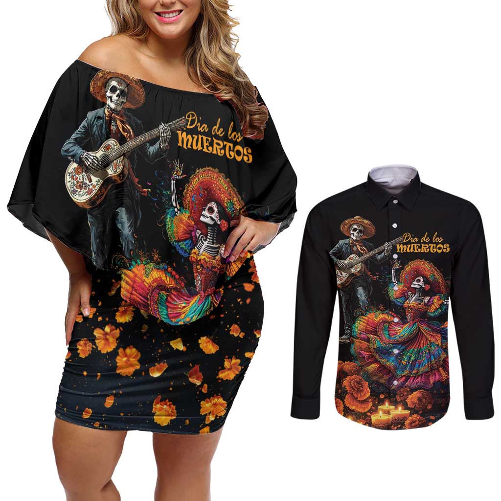 Mexico Dia de los Muertos Couples Matching Off Shoulder Short Dress and Long Sleeve Button Shirt La Calavera Catrina