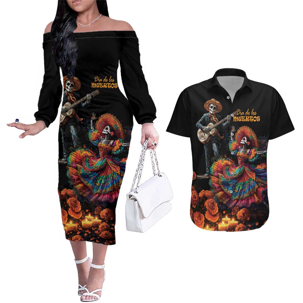 Mexico Dia de los Muertos Couples Matching Off The Shoulder Long Sleeve Dress and Hawaiian Shirt La Calavera Catrina