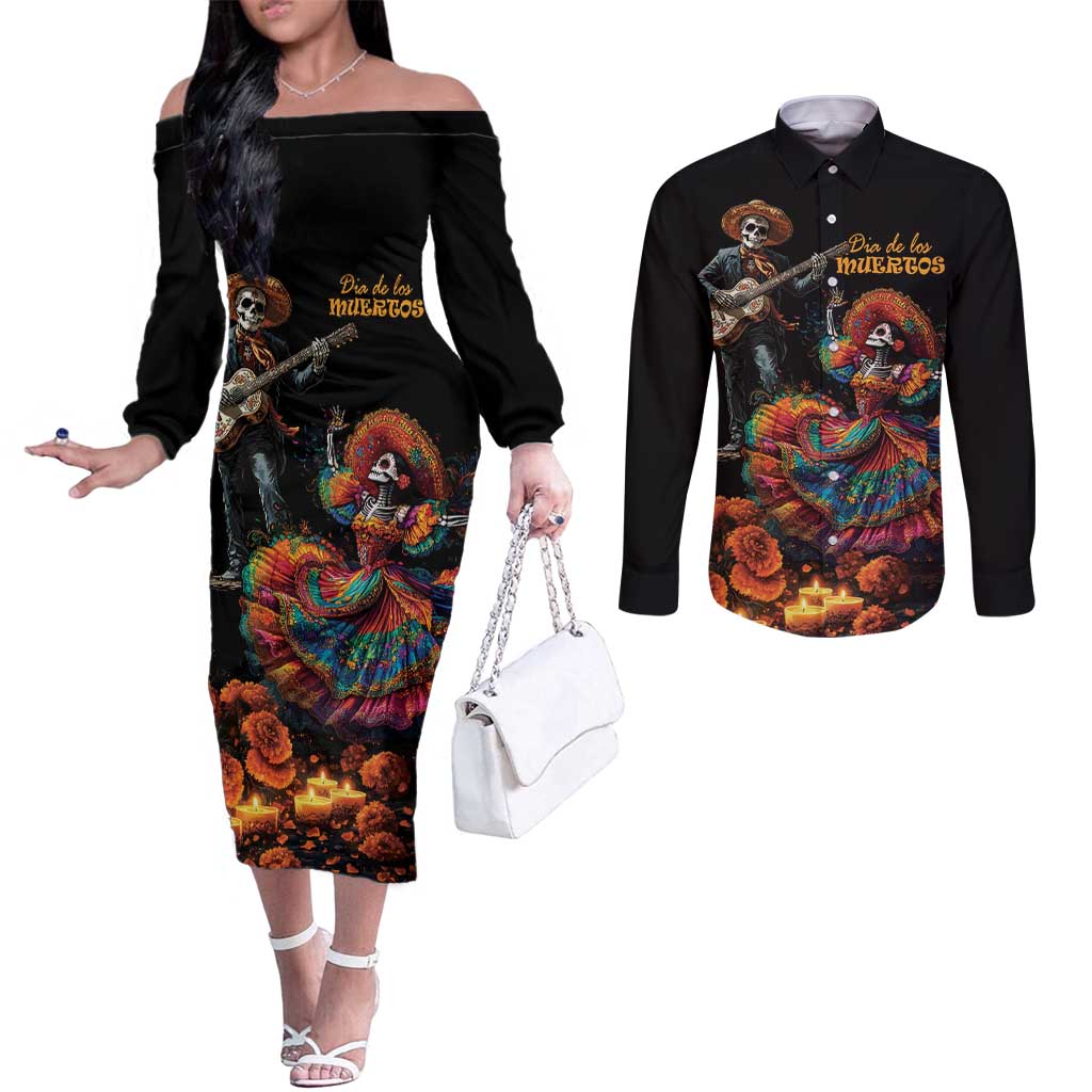 Mexico Dia de los Muertos Couples Matching Off The Shoulder Long Sleeve Dress and Long Sleeve Button Shirt La Calavera Catrina