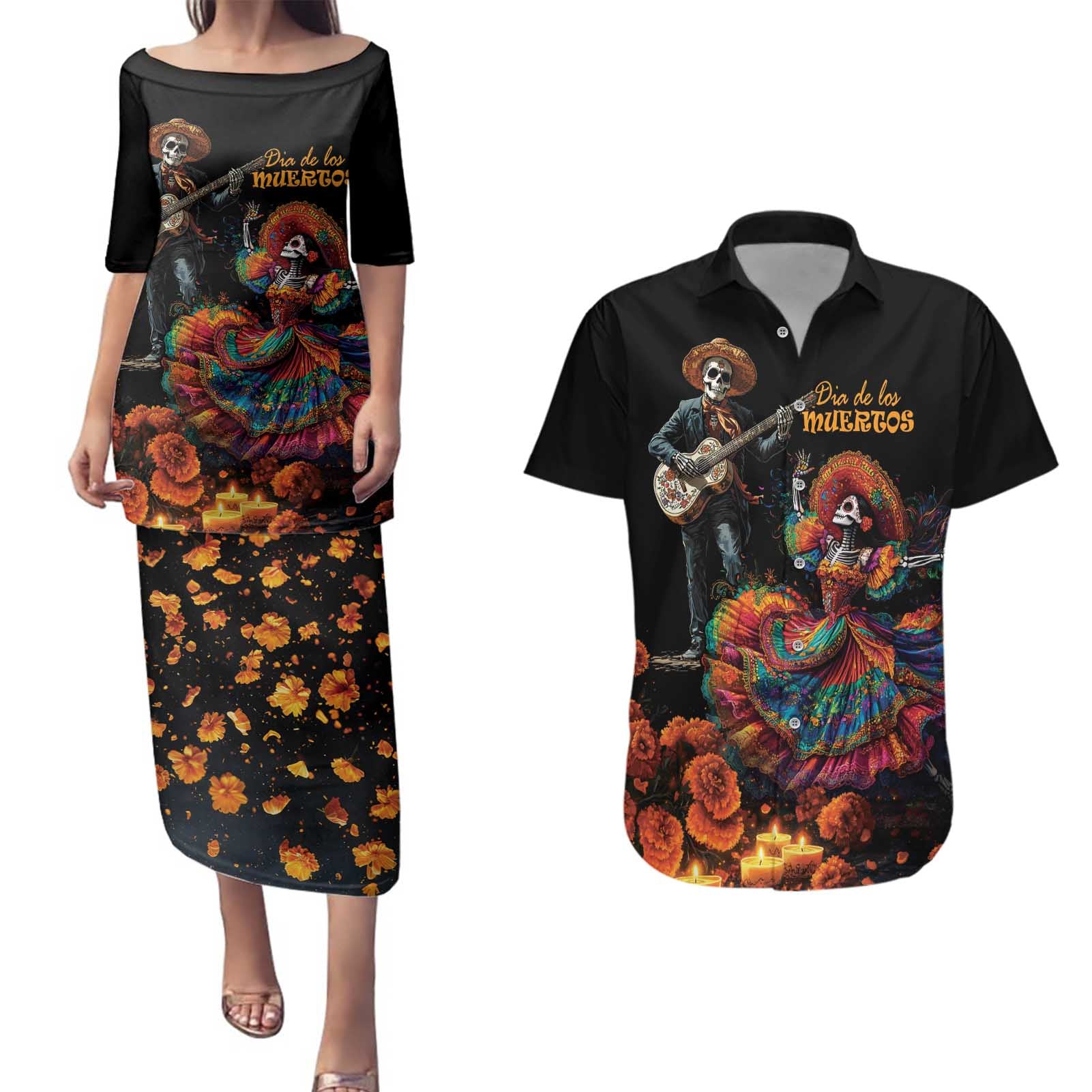 Mexico Dia de los Muertos Couples Matching Puletasi and Hawaiian Shirt La Calavera Catrina