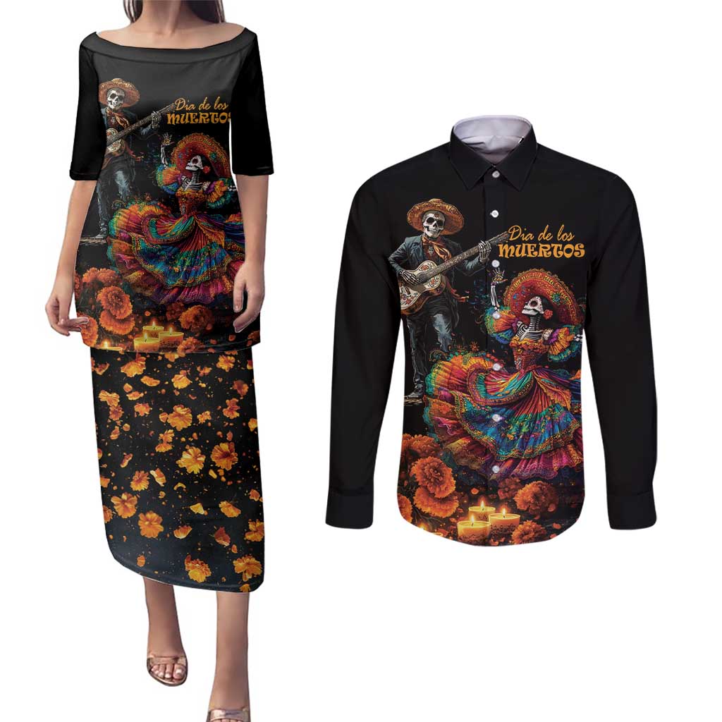 Mexico Dia de los Muertos Couples Matching Puletasi and Long Sleeve Button Shirt La Calavera Catrina