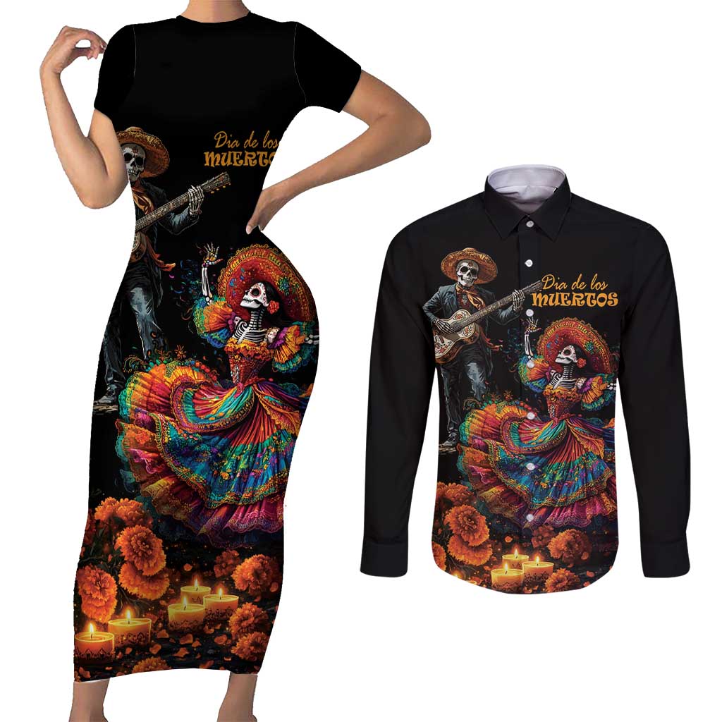 Mexico Dia de los Muertos Couples Matching Short Sleeve Bodycon Dress and Long Sleeve Button Shirt La Calavera Catrina