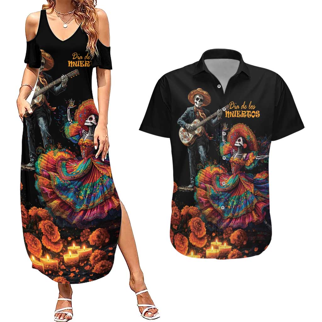 Mexico Dia de los Muertos Couples Matching Summer Maxi Dress and Hawaiian Shirt La Calavera Catrina