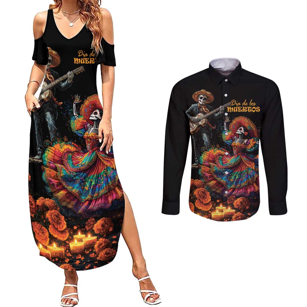 Mexico Dia de los Muertos Couples Matching Summer Maxi Dress and Long Sleeve Button Shirt La Calavera Catrina