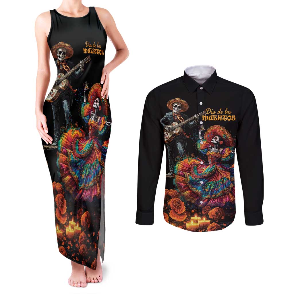 Mexico Dia de los Muertos Couples Matching Tank Maxi Dress and Long Sleeve Button Shirt La Calavera Catrina