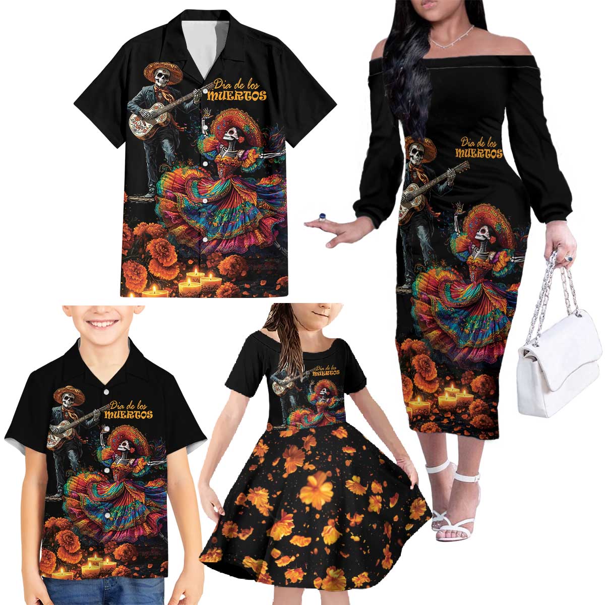 Mexico Dia de los Muertos Family Matching Off The Shoulder Long Sleeve Dress and Hawaiian Shirt La Calavera Catrina