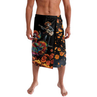 Black knee-length board shorts with colorful skeleton catrina and floral print
