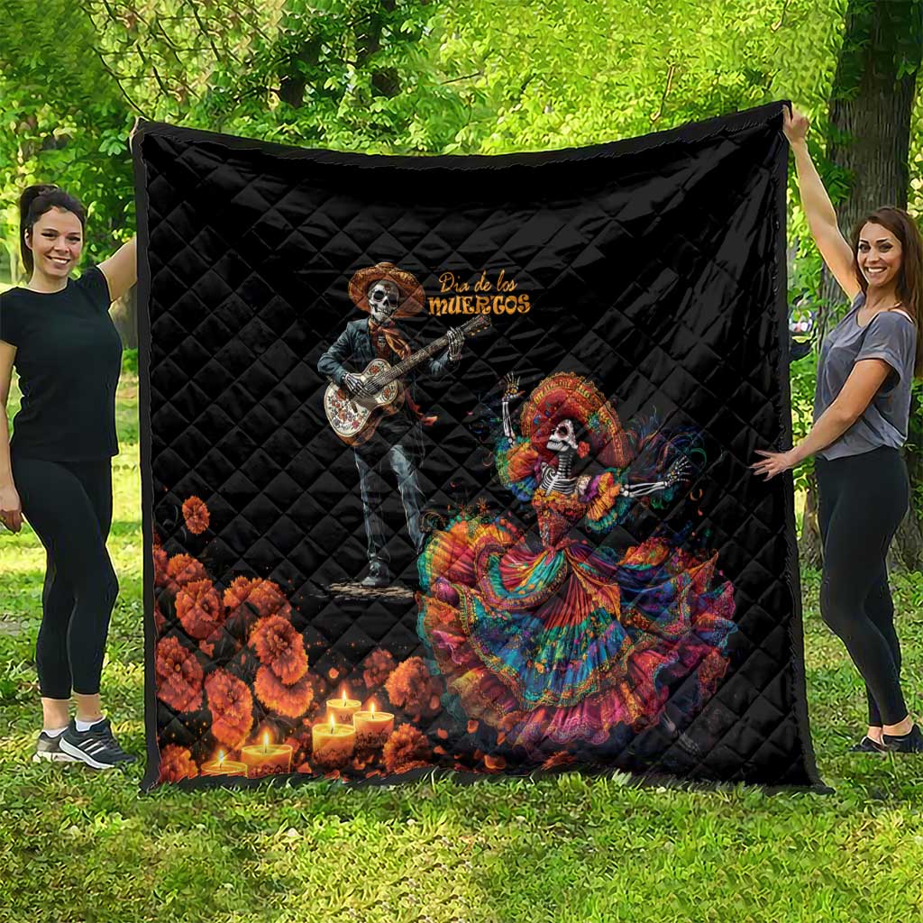 Black diamond-quilted quilt with Dia de los Muertos skeleton musician and colorful dancer