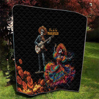 Black quilt with diamond stitching and Dia de los Muertos skeleton musician and dancer art