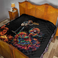 Black diamond-quilted bed throw featuring Dia de los Muertos skeleton musician and dancer