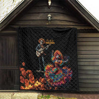 Black diamond-quilted wall hanging quilt with Dia de los Muertos skeleton musician and dancer