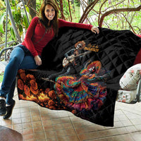 Black diamond-quilted throw with Dia de los Muertos skeleton musician and colorful dancer