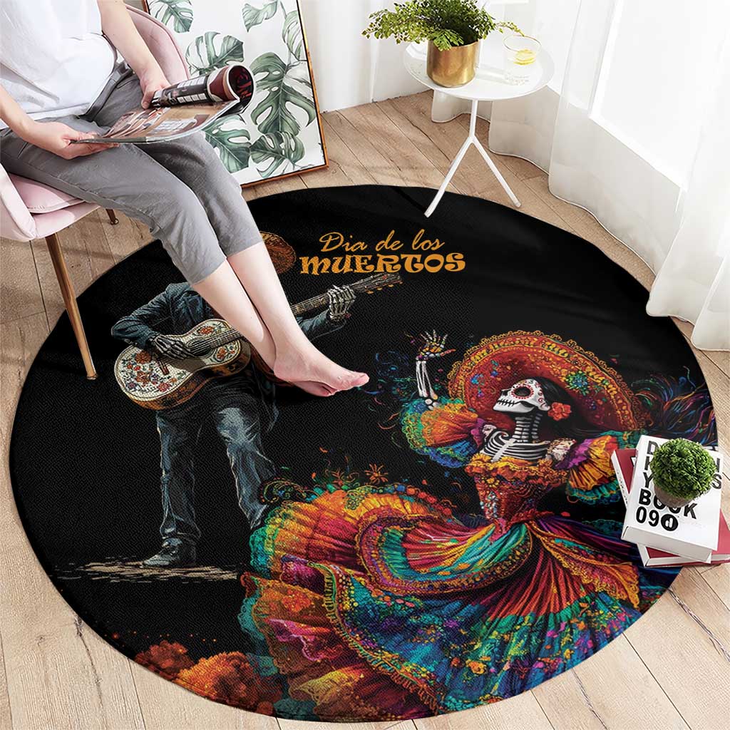 Black round Day of the Dead rug with Catrina portrait and guitar-playing skeleton graphic