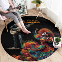 Black round Day of the Dead rug with Catrina portrait and guitar-playing skeleton graphic