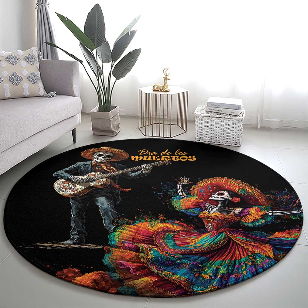 Black round rug with Day of the Dead Catrina artwork featuring vivid floral and ribbon colors