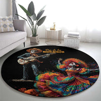 Black round rug with Day of the Dead Catrina artwork featuring vivid floral and ribbon colors