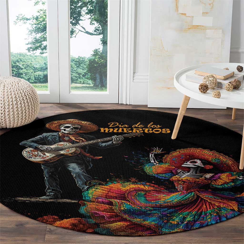 Black round rug with large Catrina and skeleton graphic in colorful Day of the Dead palette