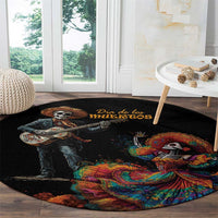 Black round rug with large Catrina and skeleton graphic in colorful Day of the Dead palette