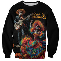 Black unisex sweatshirt with Catrina guitar and Dia de los Muertos print