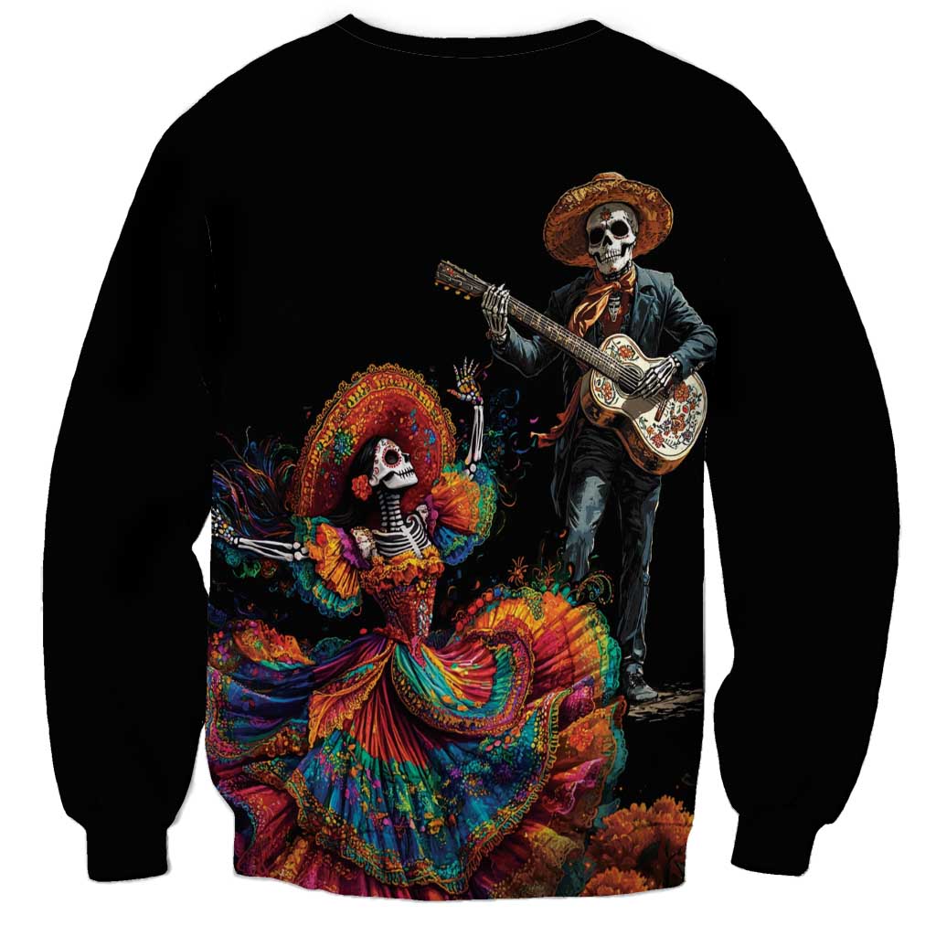 Black unisex sweatshirt with Catrina guitarist and skeleton dancer graphic