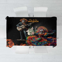 Black Dia de los Muertos tablecloth with colorful Catrina skeleton and guitar artwork