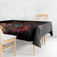 Black Dia de los Muertos tablecloth with draped colorful floral and candle design