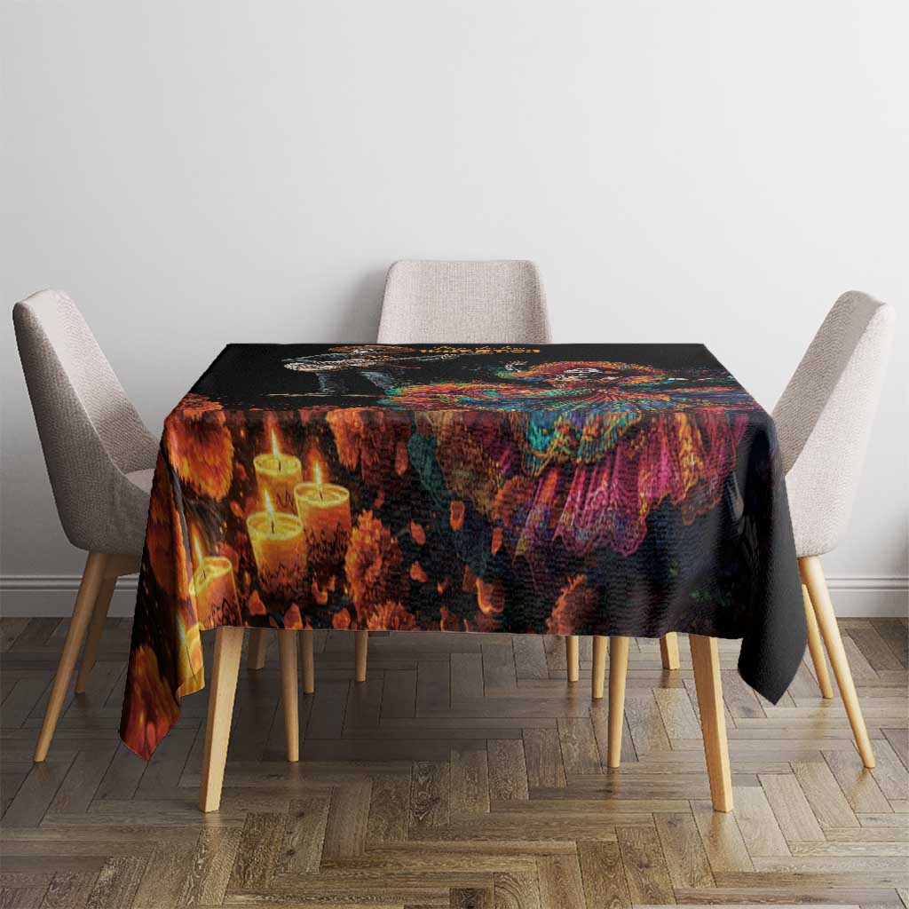 Black Dia de los Muertos tablecloth with colorful candle and floral border illustration