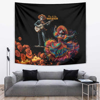 Black Dia de los Muertos tapestry with guitarist skeleton, candles, and catrina dancer