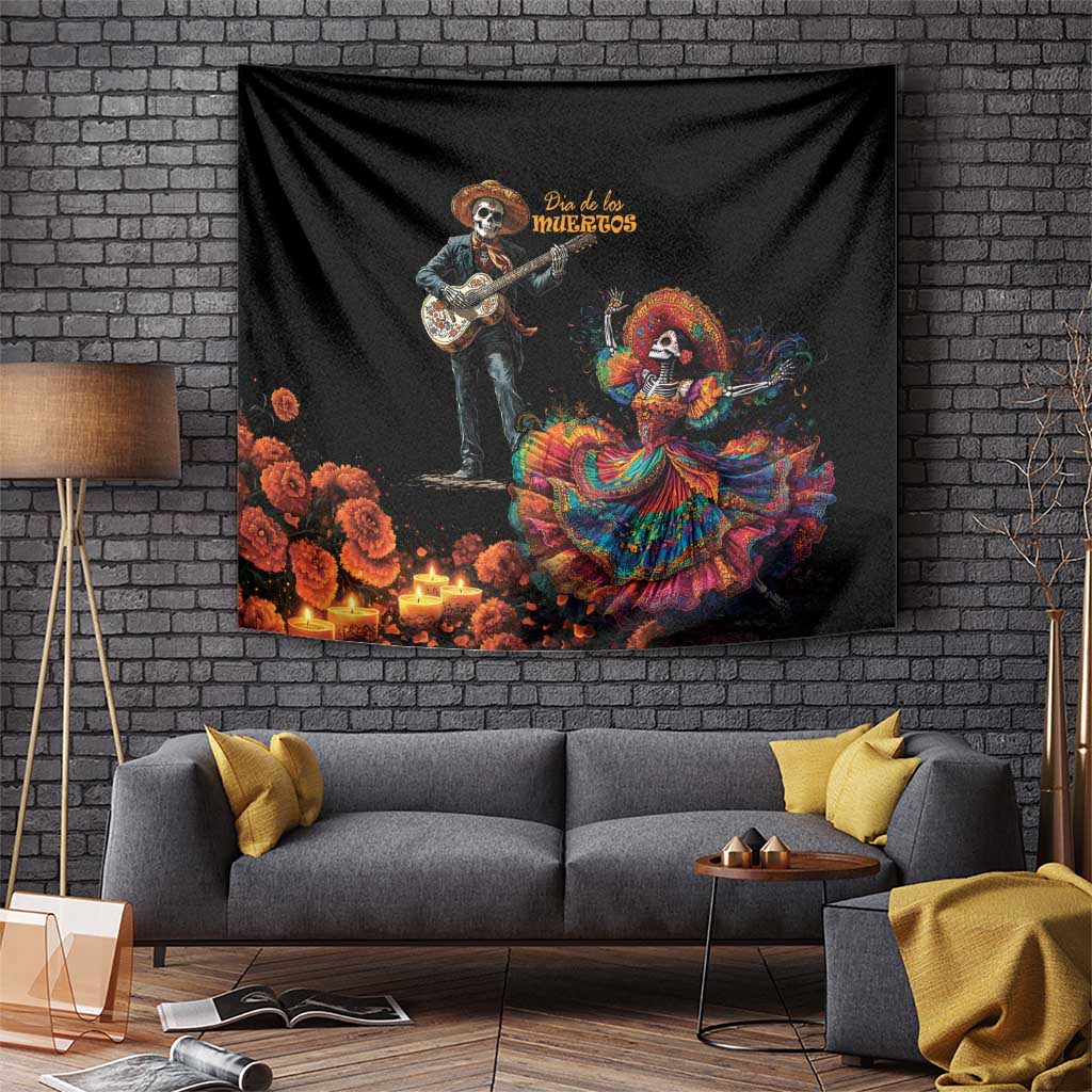 Black Dia de los Muertos tapestry featuring guitarist skeleton and catrina dancer with candles