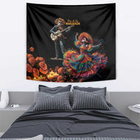 Black Dia de los Muertos tapestry with guitarist skeleton and colorful catrina dancer