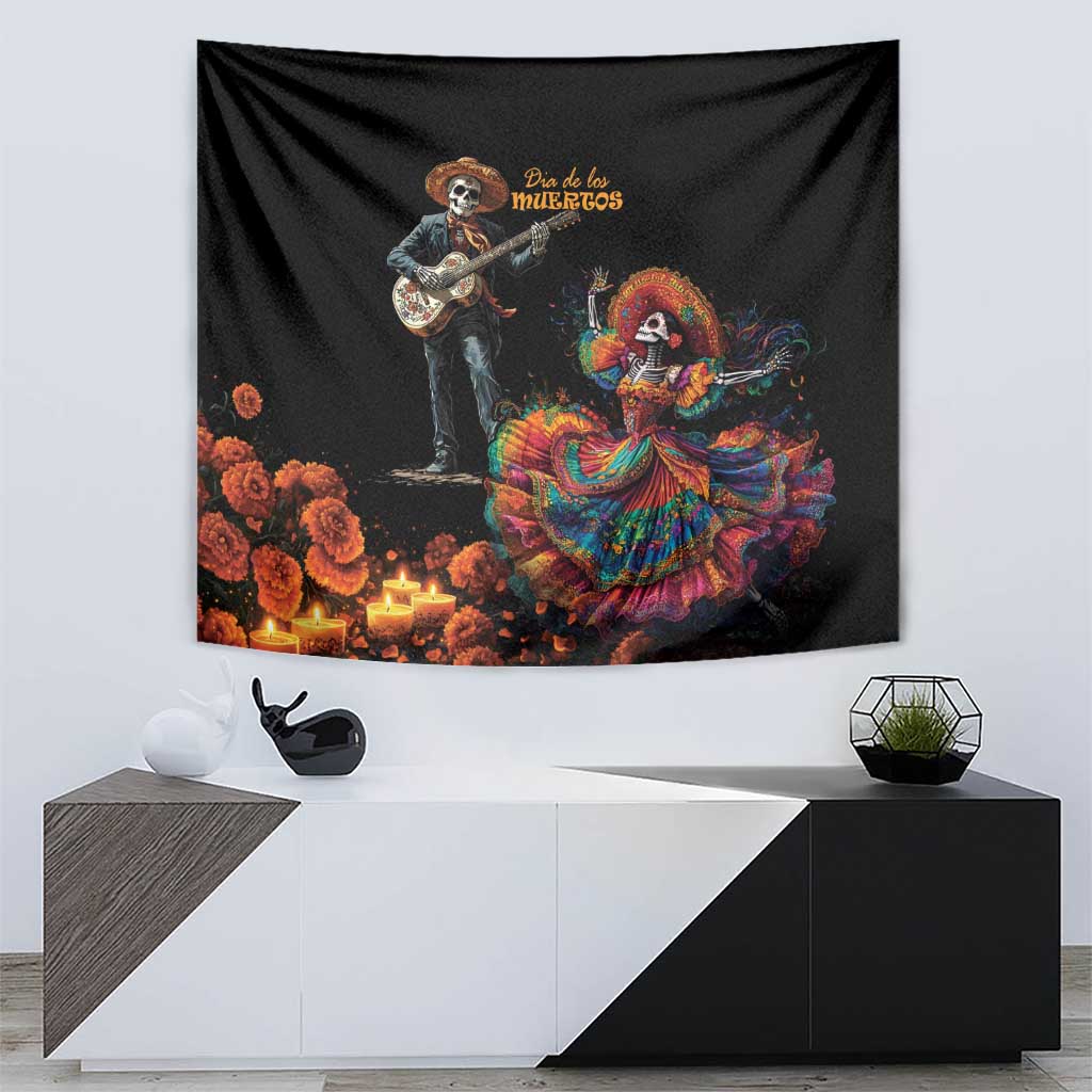 Black Dia de los Muertos wall tapestry showing guitarist skeleton and catrina dancer