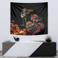 Black Dia de los Muertos wall tapestry showing guitarist skeleton and catrina dancer