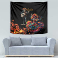 Black Dia de los Muertos tapestry with musician skeleton and rainbow-dress catrina